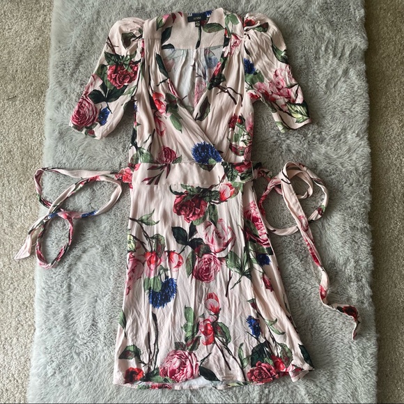 AFRM Floral Wrap Tie Dress beach coverup XS puff shoulder pink rose - Picture 4 of 17